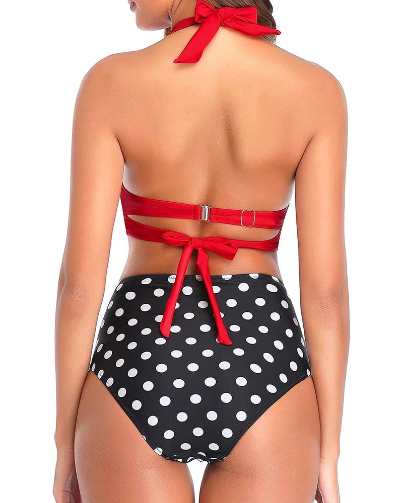 Tempt Me Women Two Piece Swimsuit High Waisted Bikini Halter Vintage Retro Bathing Suit Red Black Dot Push up Swimwear XL - Image 5